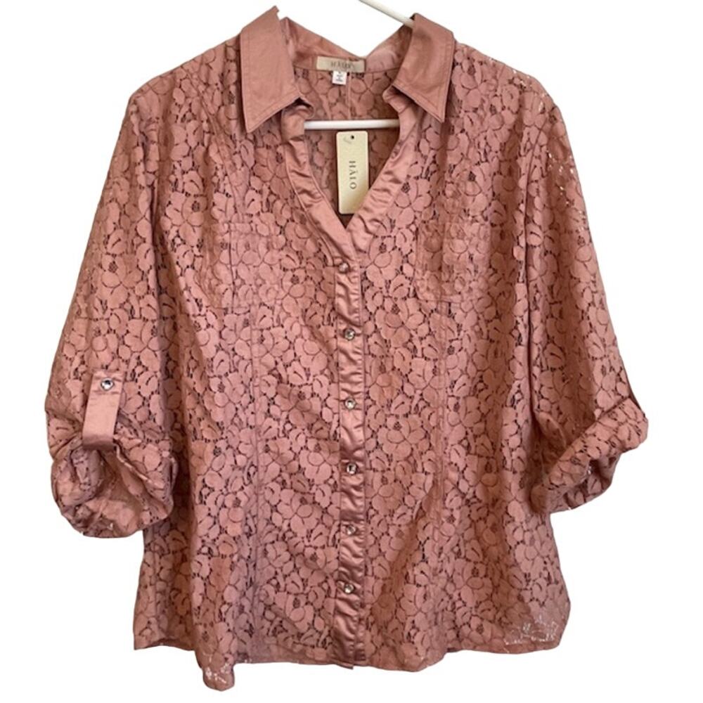 Halo women's pink floral lace collared, button down blouse.